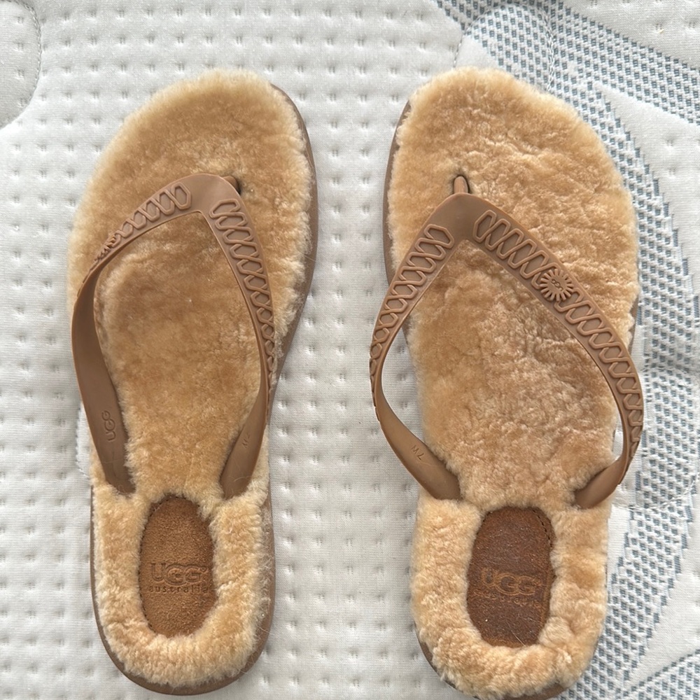 UGG Sheepskin Flip Flops in Tan